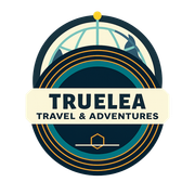 Logo for Truelea Travel & Adventures: text with compass rose, on gray background.