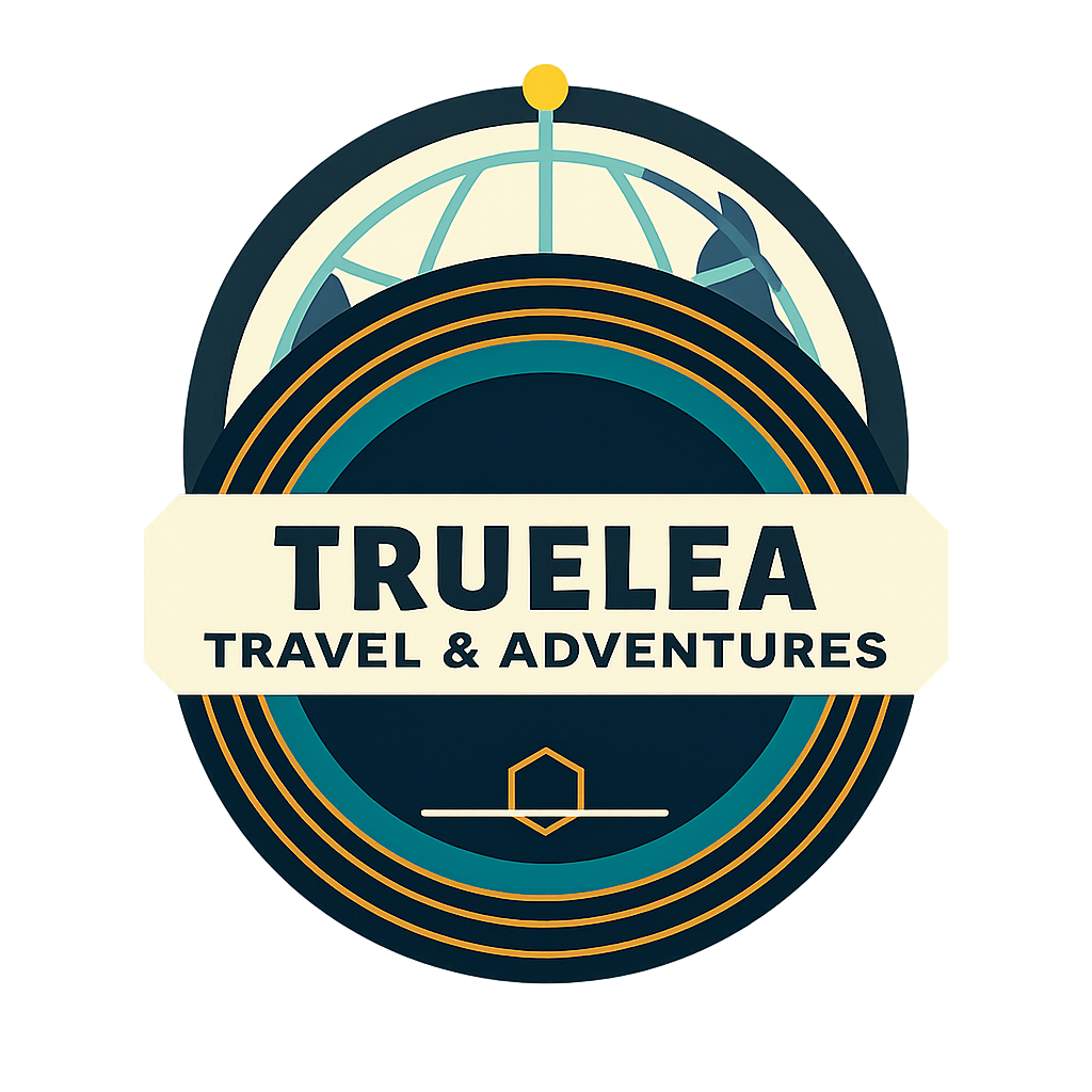 Logo for Truelea Travel & Adventures: text with compass rose, on gray background.