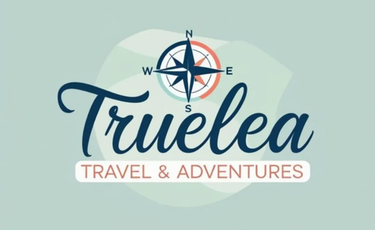 Logo for Truelea Travel & Adventures: compass icon above cursive text, navy and orange colors.