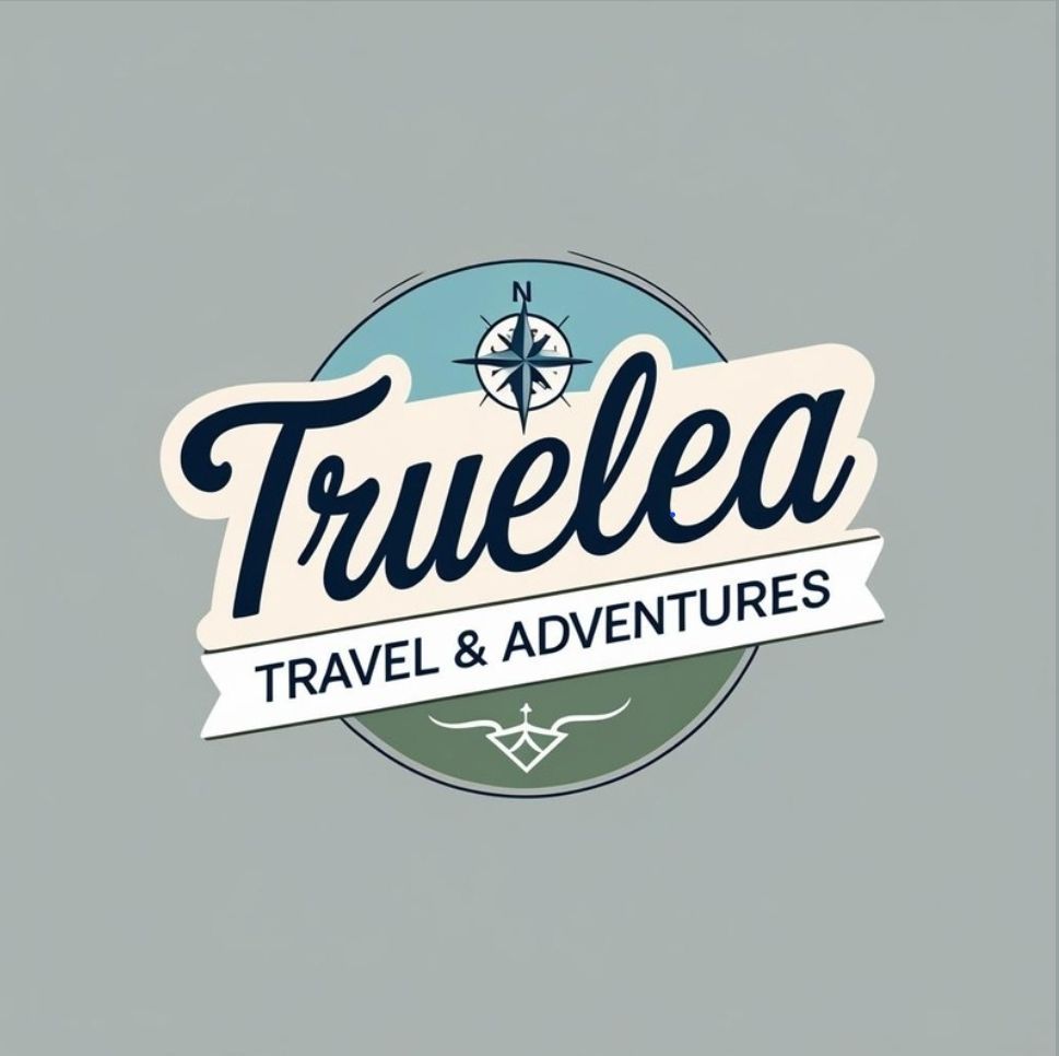 Logo for Truelea Travel & Adventures: compass icon above cursive text, navy and orange colors.