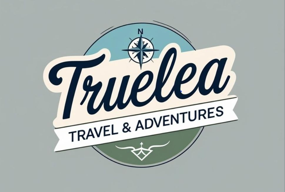 Logo for Truelea Travel & Adventures: text with compass rose, on gray background.