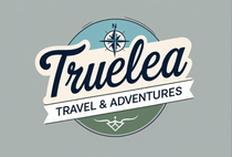 Logo for Truelea Travel & Adventures: text with compass rose, on gray background.