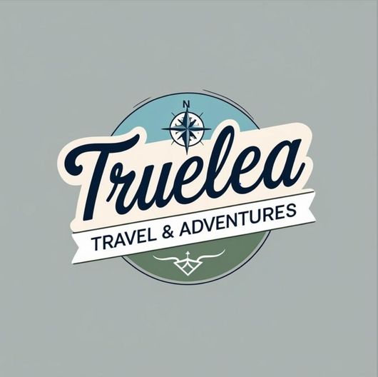 Logo for Truelea Travel & Adventures: compass icon above cursive text, navy and orange colors.