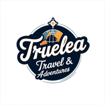 Logo for Truelea Travel & Adventures: text with compass rose, on gray background.