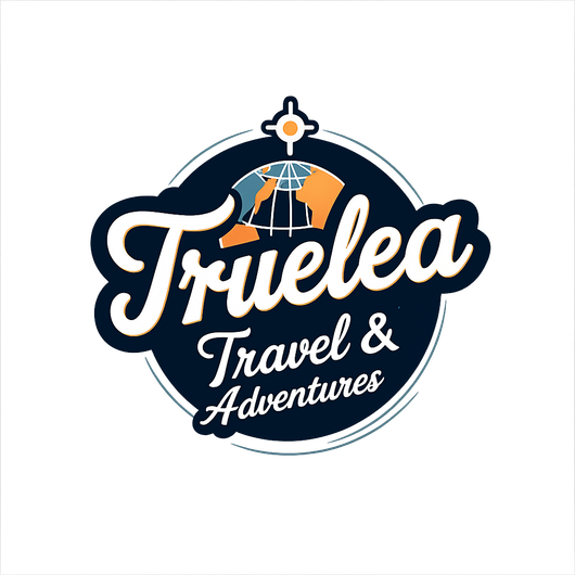Logo for Truelea Travel & Adventures: compass icon above cursive text, navy and orange colors.
