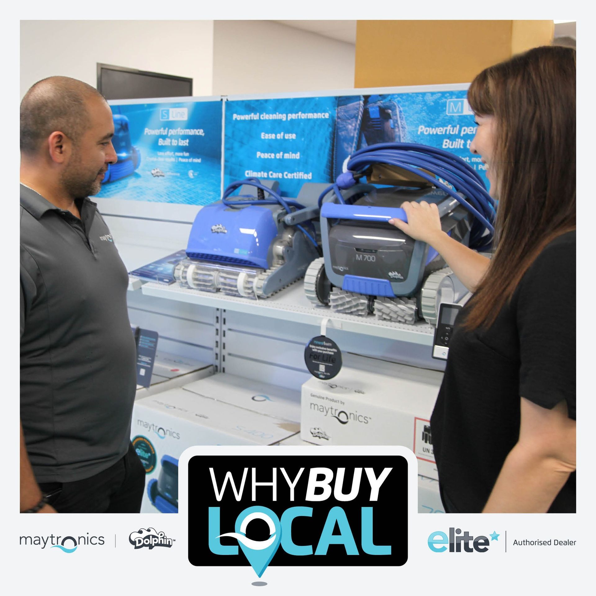 A Man and Woman Look at Pool Cleaners in a Local Store — Manning Pools, Rubber & Foam In Wingham, NSW