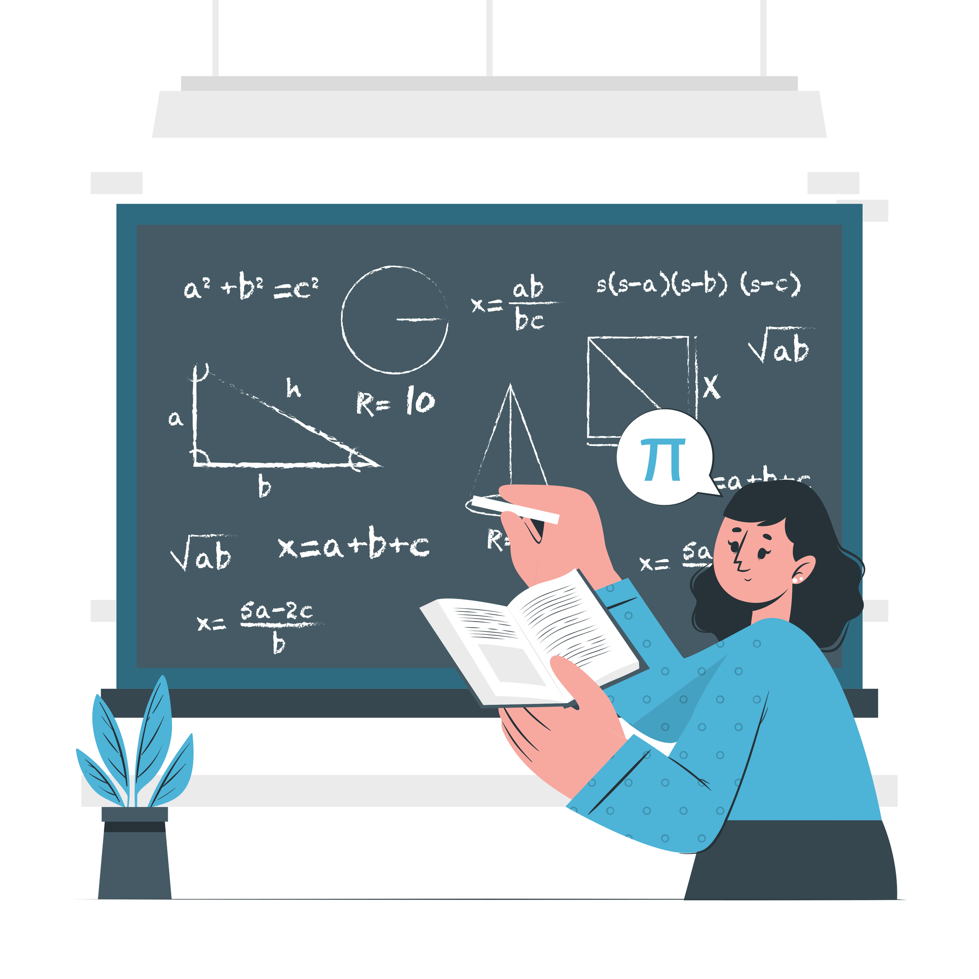 Woman writing math equations on a chalkboard, holding a notebook, with a thought bubble of the pi symbol.
