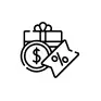 A black and white icon of a dollar sign , a gift box , and a coupon.