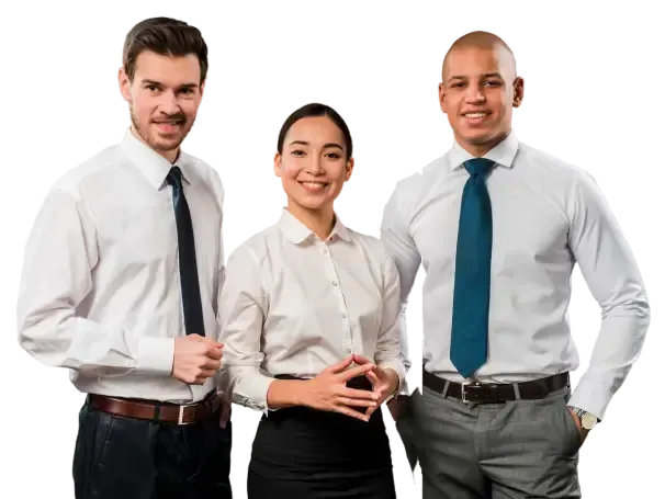 Three business people are posing for a picture together.