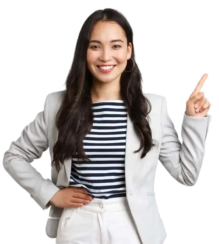 A woman in a striped shirt and a gray jacket is pointing up.
