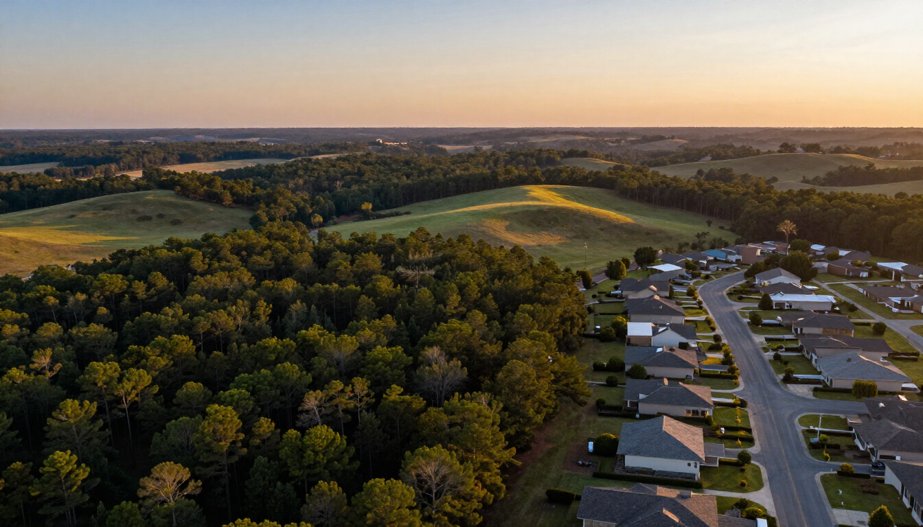 Beautiful East Texas neighborhood with pine trees and sunset