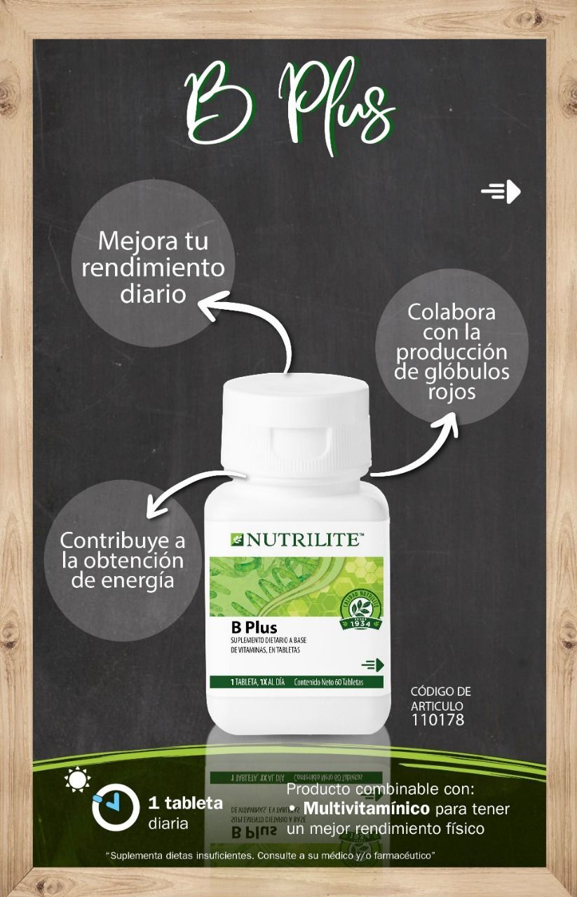 Una botella de Nutrilite B Plus está en una pizarra.