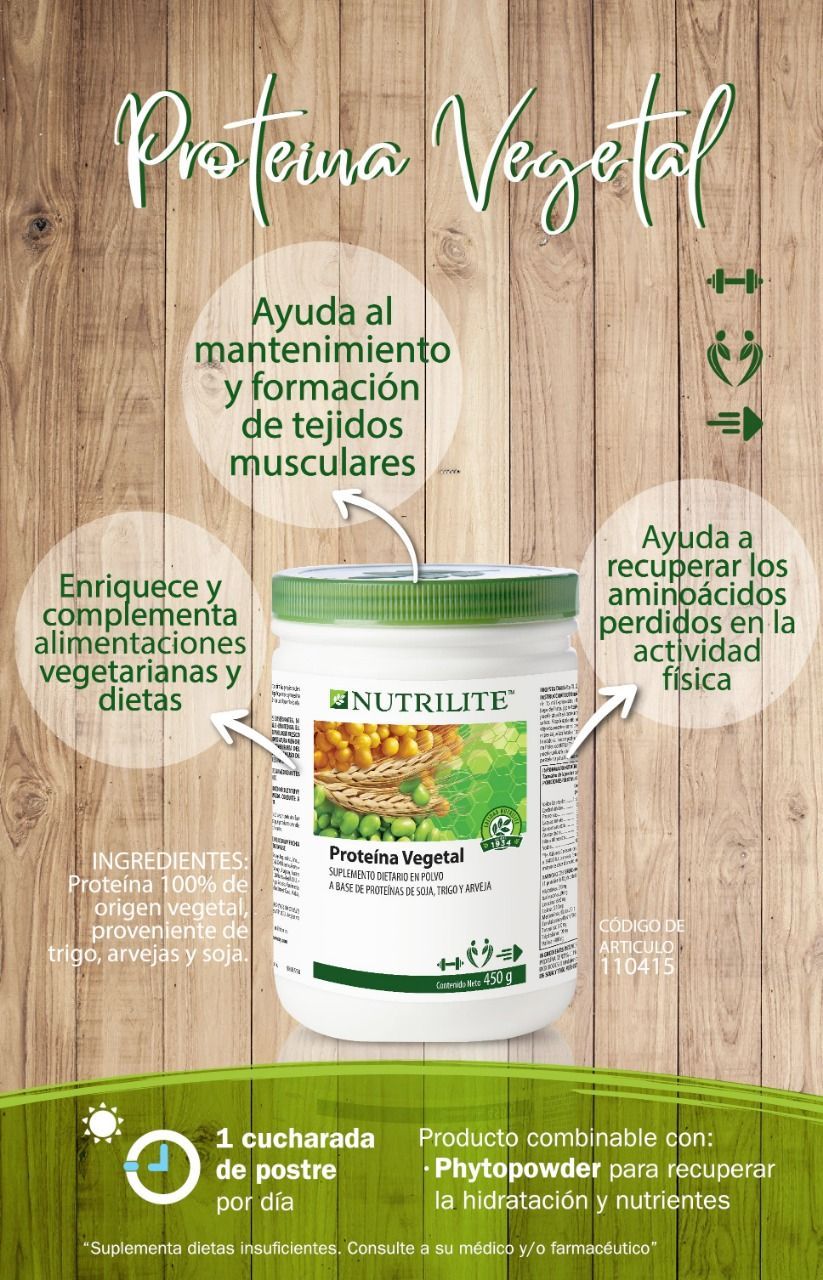 Una botella de proteína vegetal se encuentra encima de una mesa de madera.