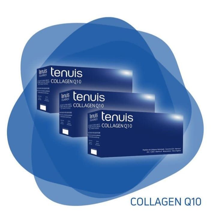 Tres cajas de tenuis colágeno q10 sobre un fondo azul