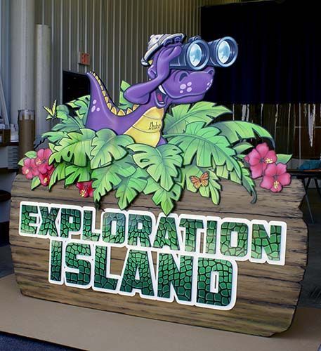 A wooden sign that says ' exploration island ' on it