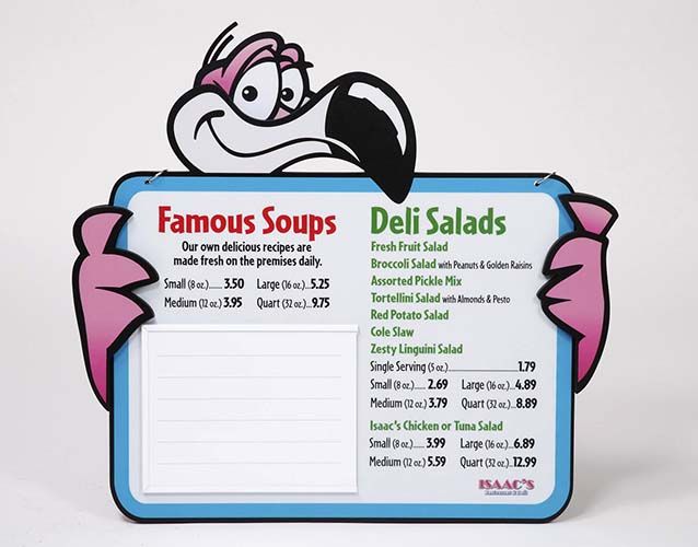 A sign that says famous soups and deli salads