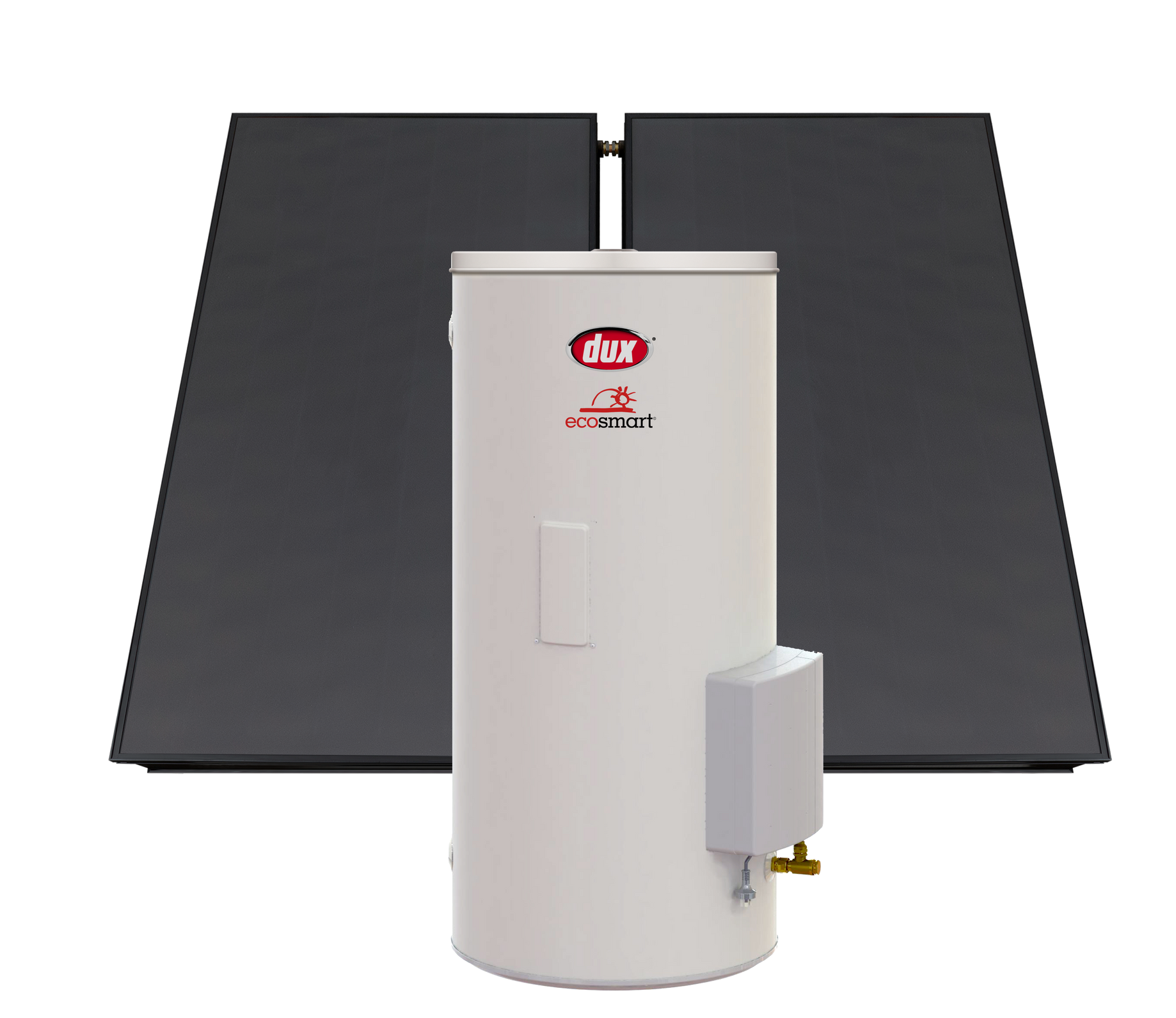 A white water heater is sitting next to two black solar panels.