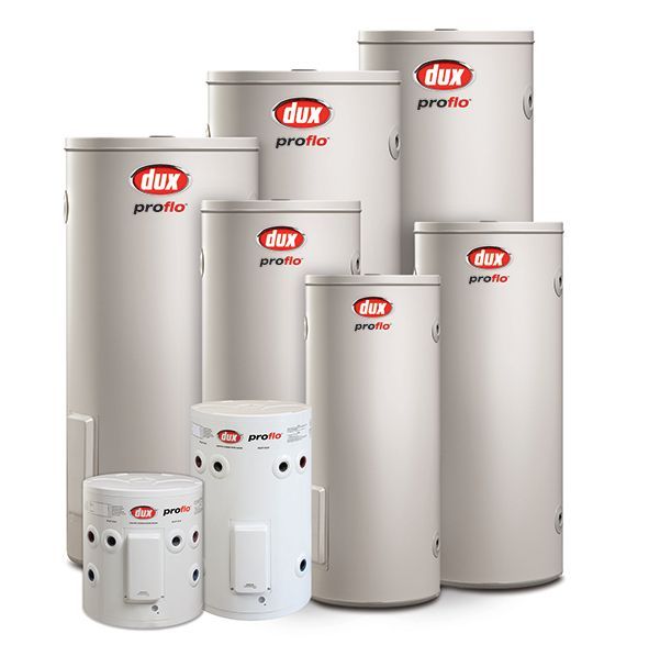 A group of dux water heaters of different sizes are stacked on top of each other.