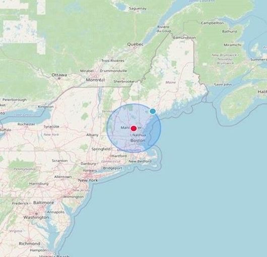 A map of the united states with a circle around a city.