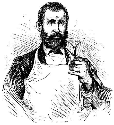 A black and white line drawing of a bearded person in an apron holding a wine glass up for inspection.