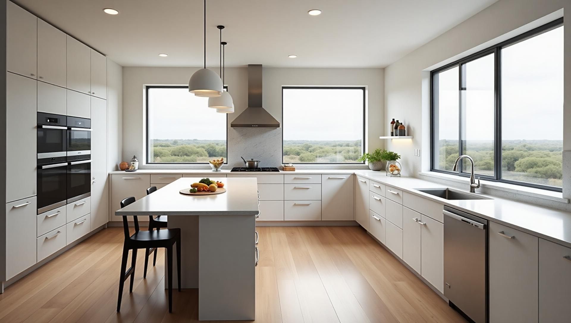 Modern, white kitchen with island, stainless steel appliances, large windows, and hardwood floors.