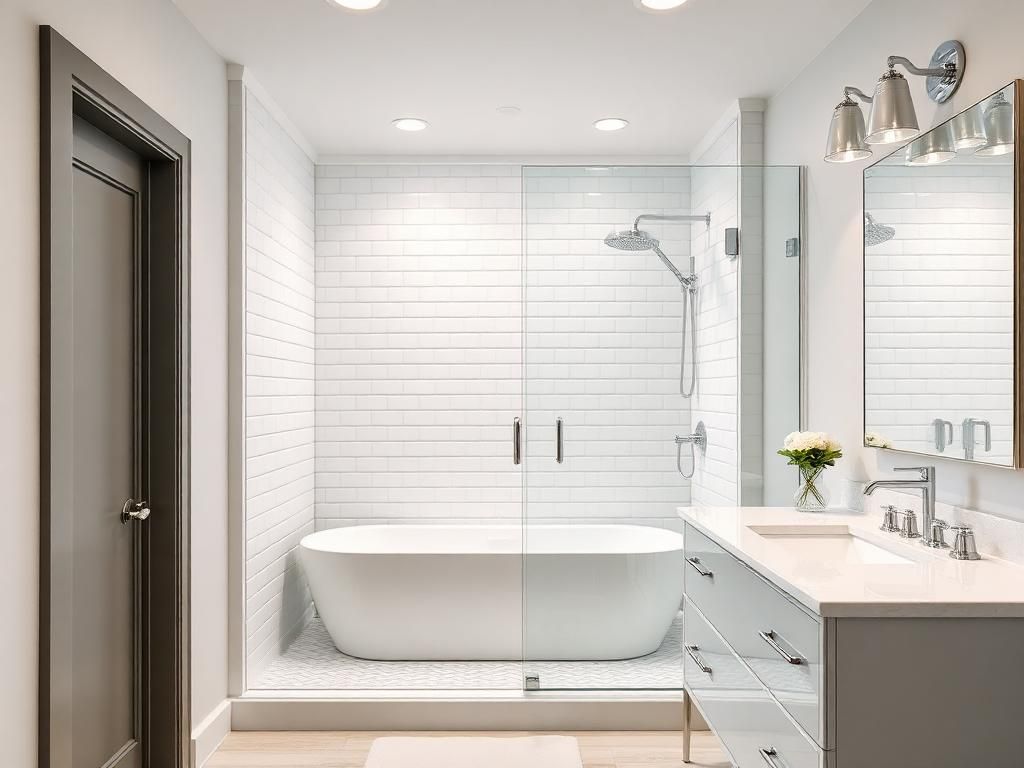 Modern bathroom with white tub, glass shower, and gray vanity.