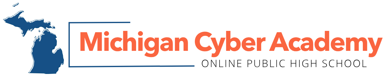 Logo of the Michigan Cyber Academy, featuring a blue outline of Michigan and red text.