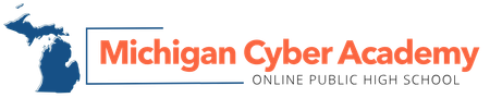 Logo of the Michigan Cyber Academy, featuring a blue outline of Michigan and red text.