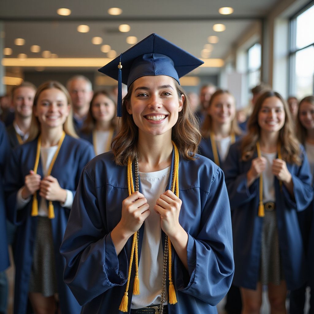 Smiling graduate in navy cap and gown, surrounded by other graduates.