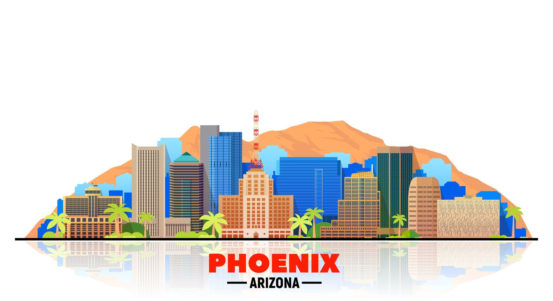Phoenix, Arizona, skyline with buildings and mountains in the background, colorful illustration.