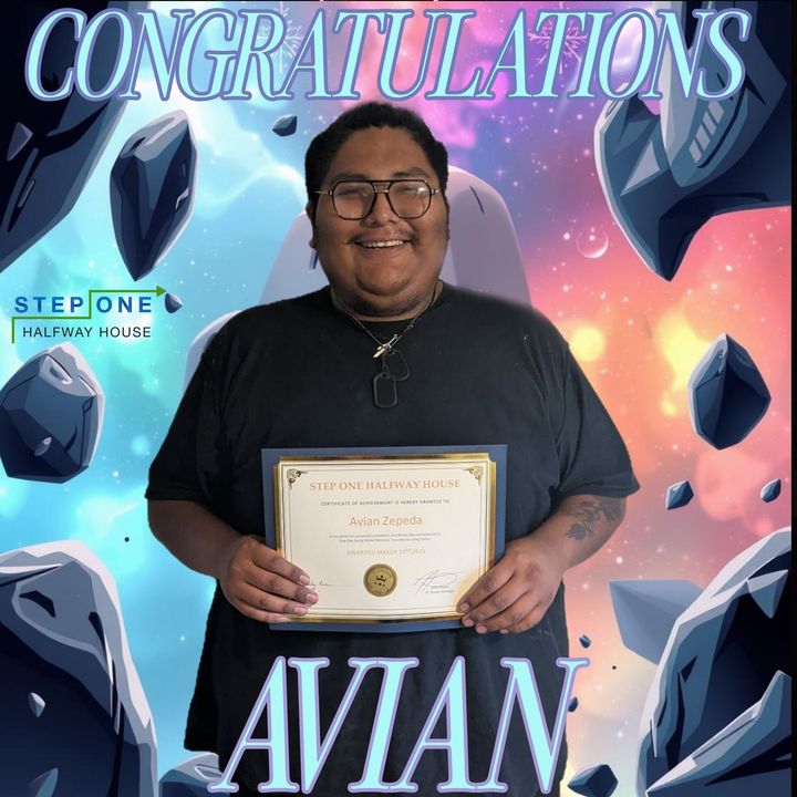 Avian smiling, holding certificate, 
