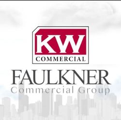 KW Commercial Faulkner Commercial Group logo. Red and white logo atop grayscale cityscape.