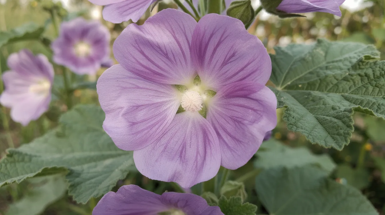 A close-up view of vibrant purple Malva flowers surrounded by lush green leaves, showcasing the beauty of nature. These calming herbs can be part of a garden that promotes relaxation and supports mental health through natural remedies.