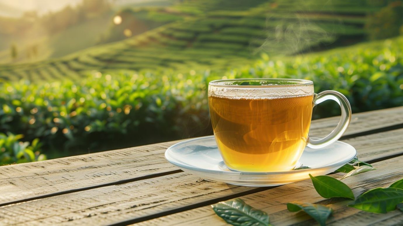 A cup of tea is sitting on a wooden table in front of a tea plantation.