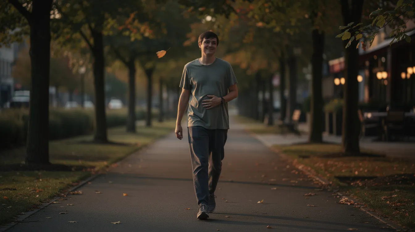 Person walking down a tree-lined path at dusk, with streetlights glowing in the background.