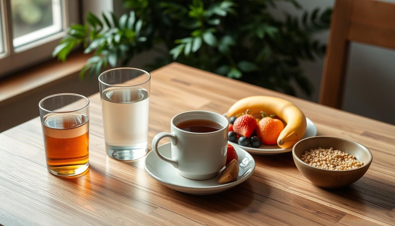 Breakfast on wooden table: tea, water, juice, banana, berries, and oatmeal. Natural light from window.
