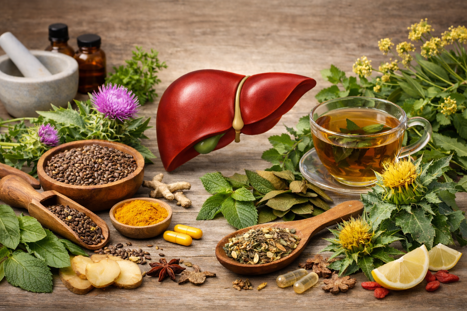A human liver model surrounded by various herbs, spices, a cup of tea, and medicine, on a wooden surface.