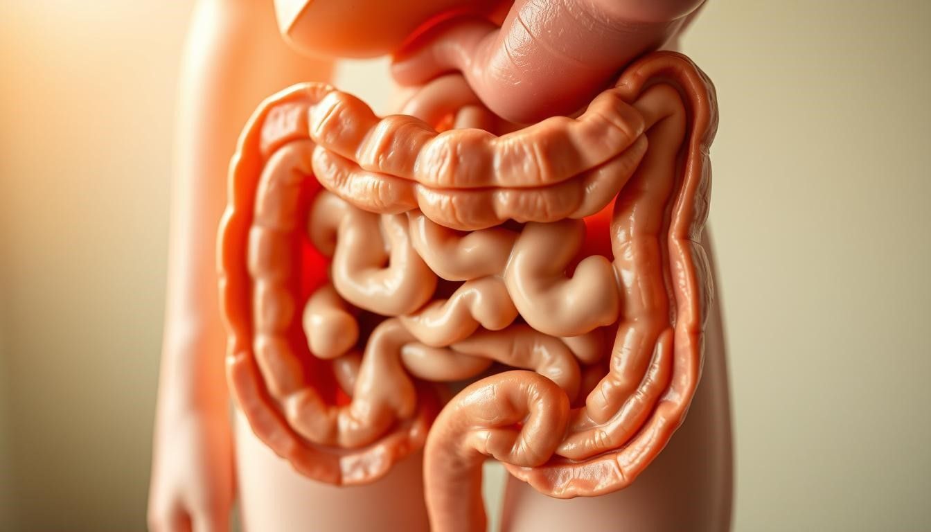 Anatomical model of the human intestines, showing the large and small intestines' structures and colors.