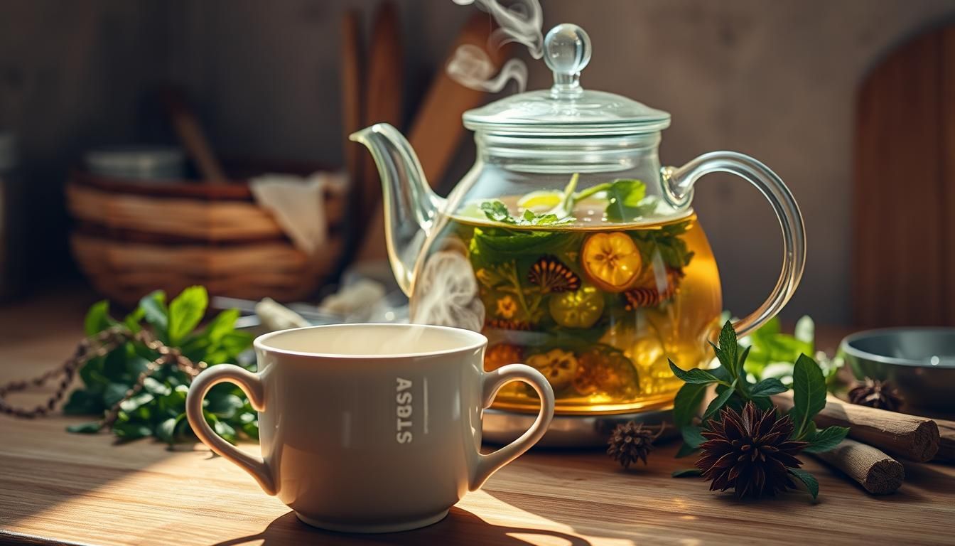 A cup of tea is being poured into a glass teapot on a wooden table.