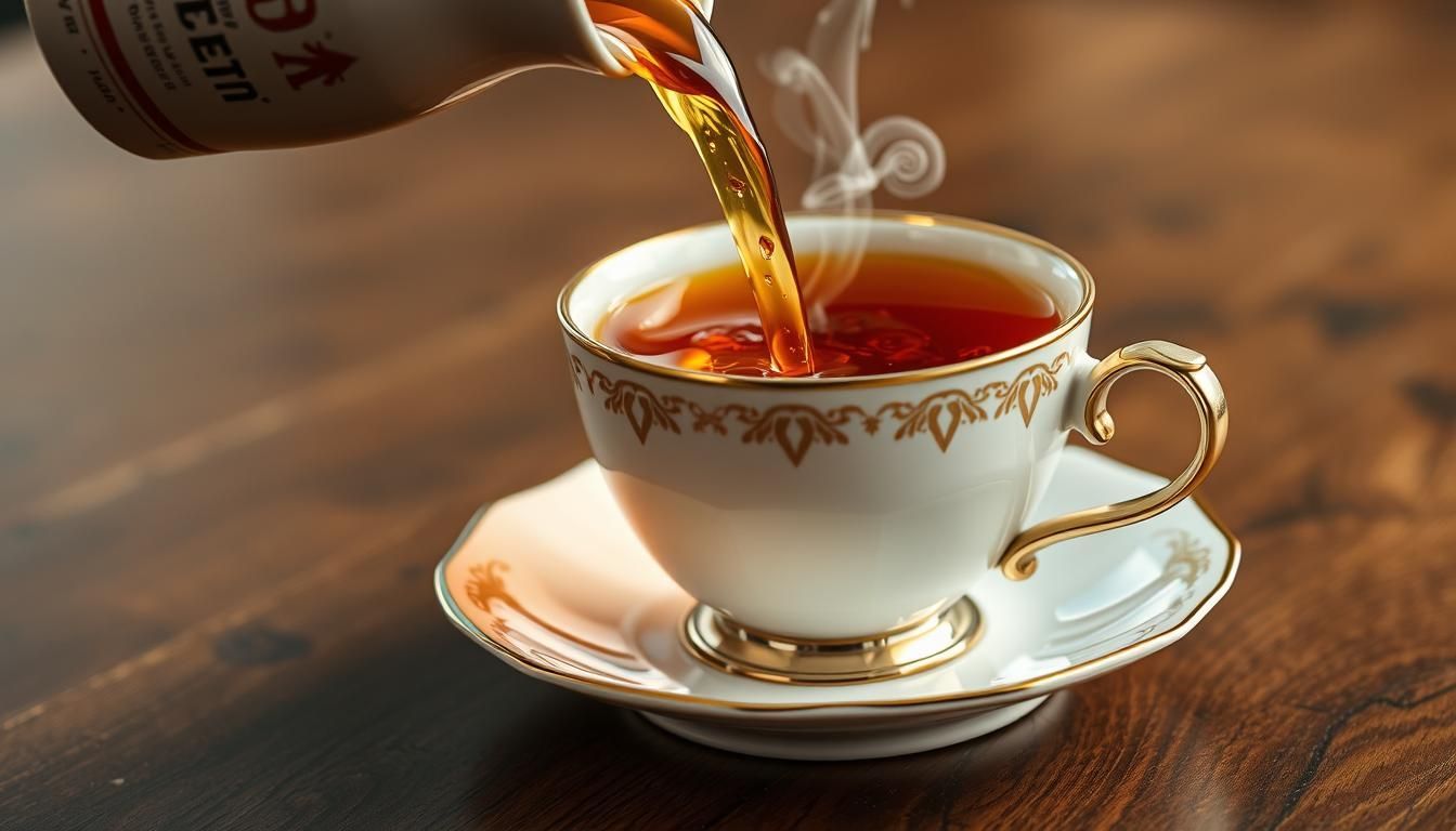 A cup of tea is being poured into a saucer on a wooden table.