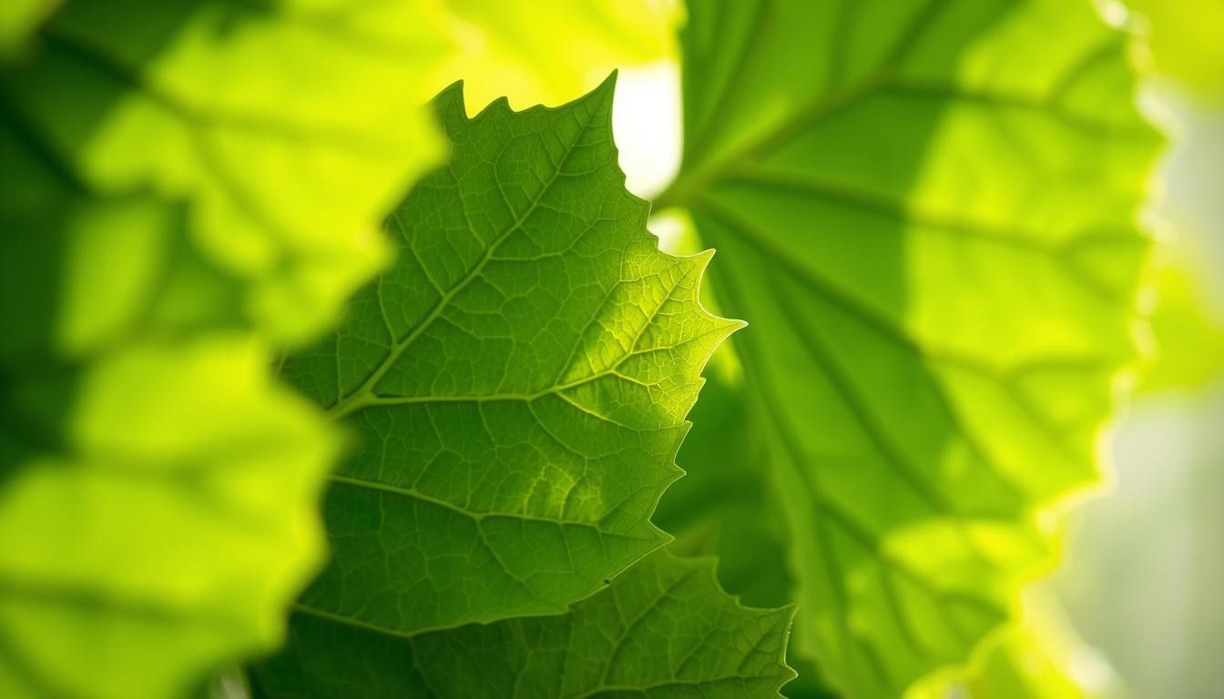 Close-up of vibrant green leaves with textured surfaces, illuminated by sunlight.