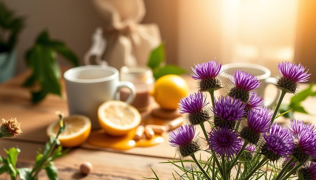 Purple thistle flowers and ingredients for tea, including lemons, honey, and mugs, on a wooden table.