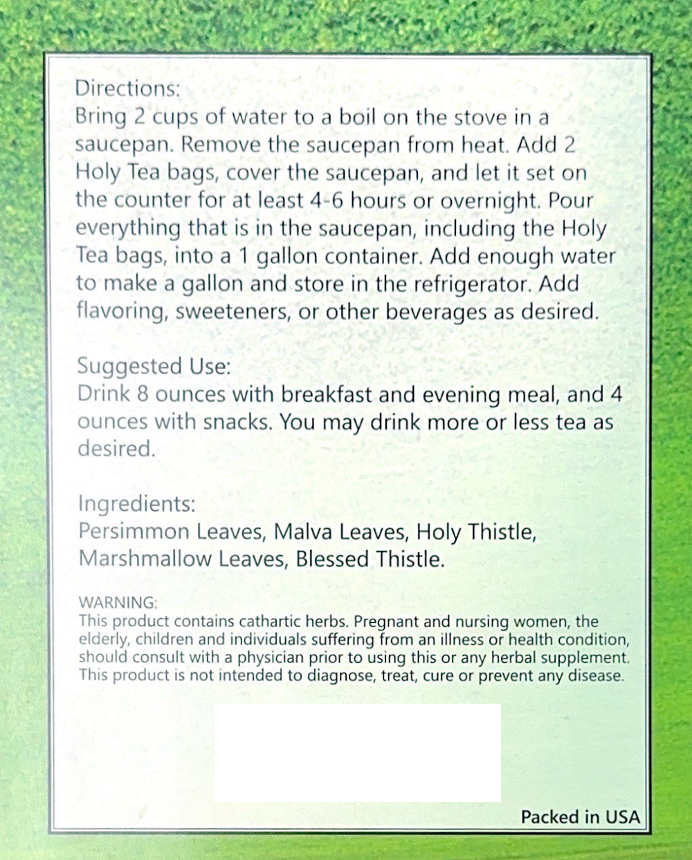 The back of a package of holy thistle tea shows directions and ingredients.