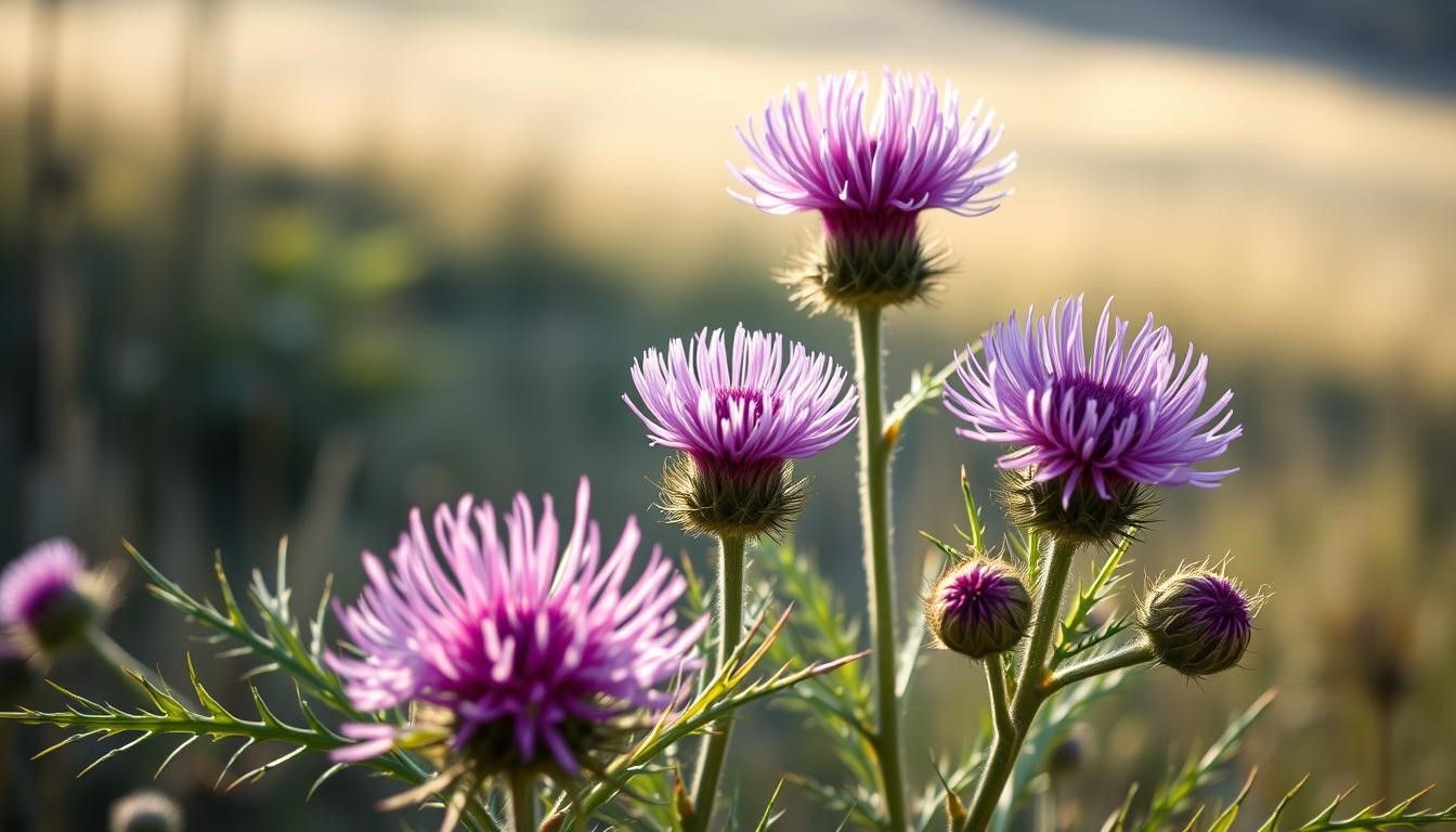 Purple thistle flowers in a field, lit by sunlight, with a blurred background.