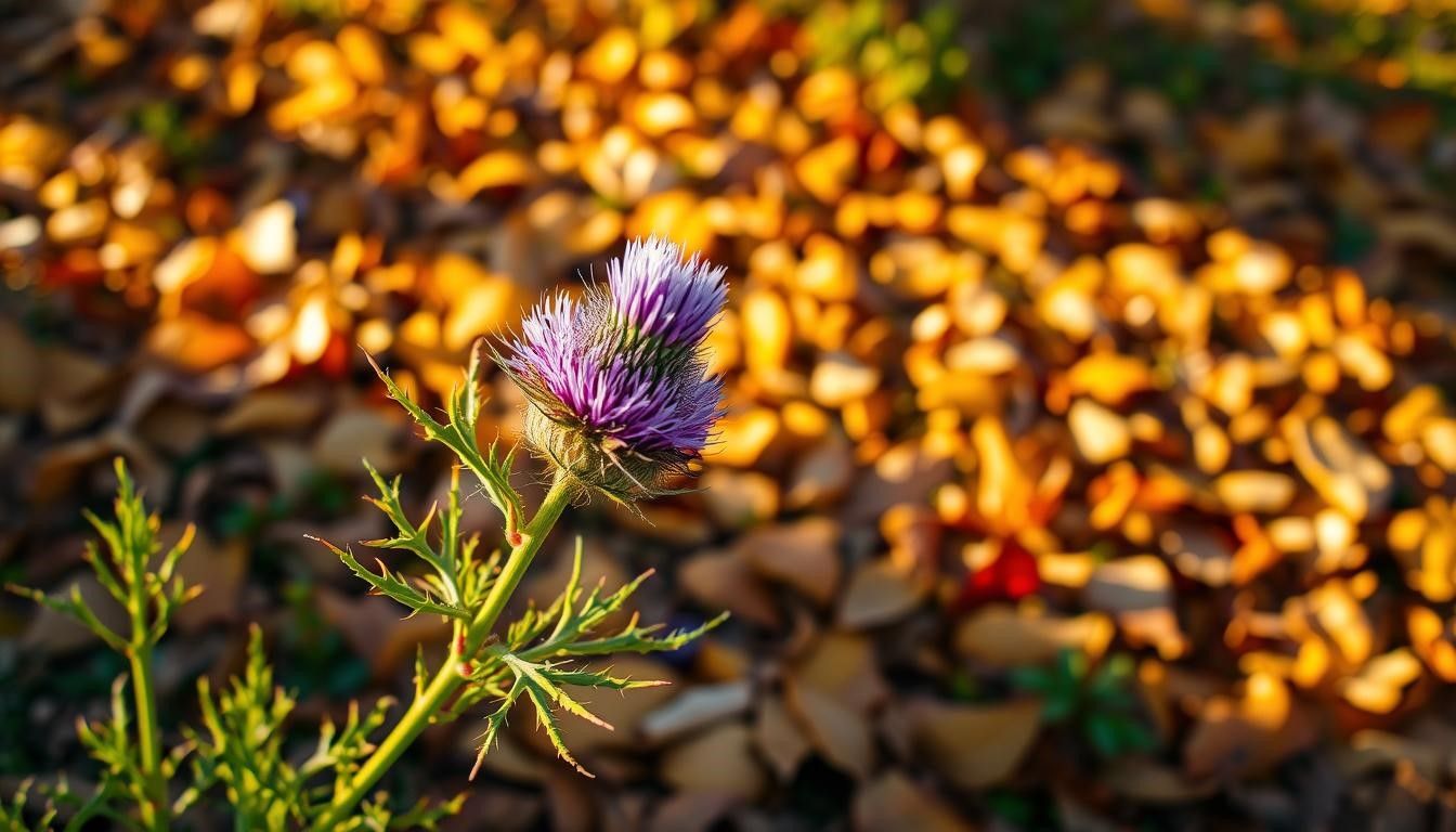 Purple thistle flower with green leaves, set against a blurred background of fallen autumn leaves.