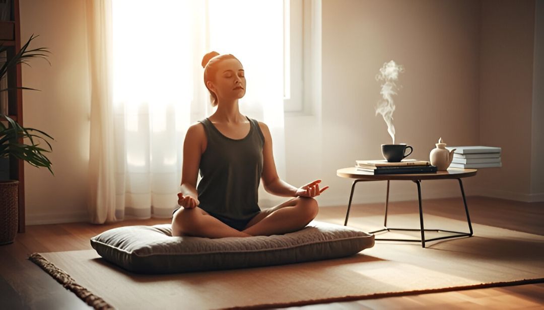 Cup of tea, lit candle, and teapot on a wooden windowsill. Soft natural light, calming scene.