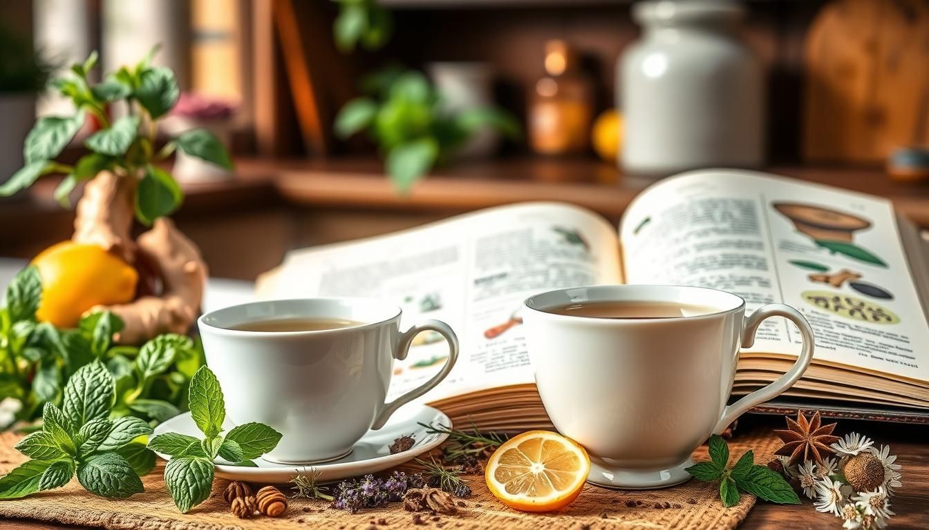 Two cups of tea are sitting on a wooden table next to an open book.