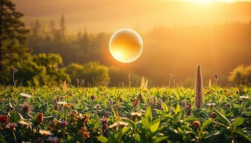 The sun is setting over a field of flowers.