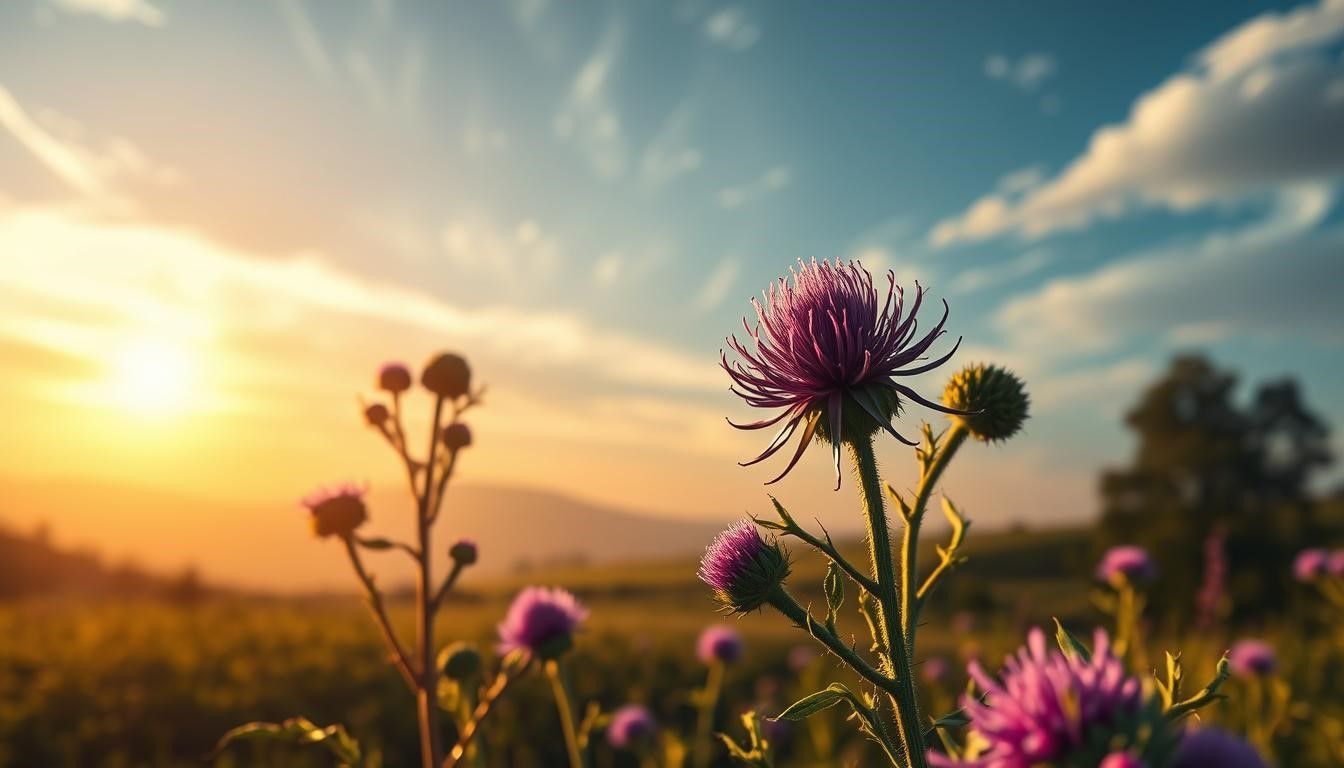 Purple wildflowers in a field at sunset, with a bright sky and distant hills.