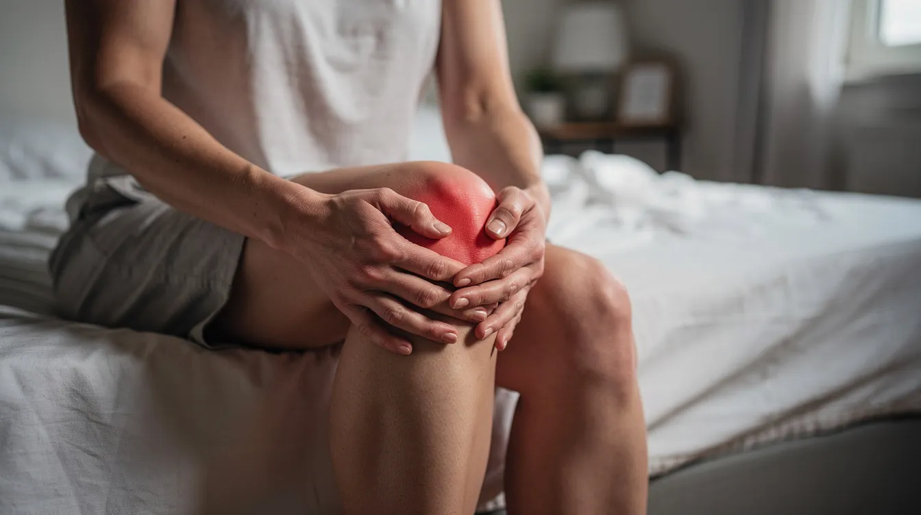 A person sitting on a bed, clutching their knee with both hands, indicating pain or injury.